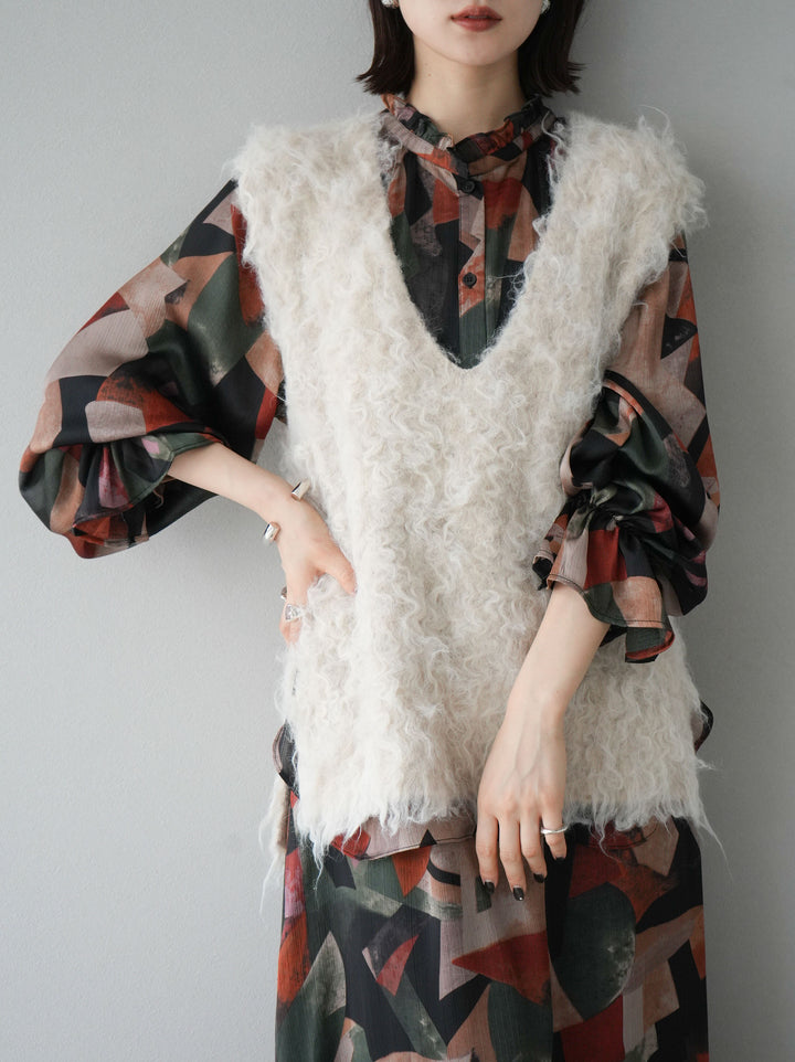 [予約]ウール混ミックスヤーンニットベスト/アイボリー