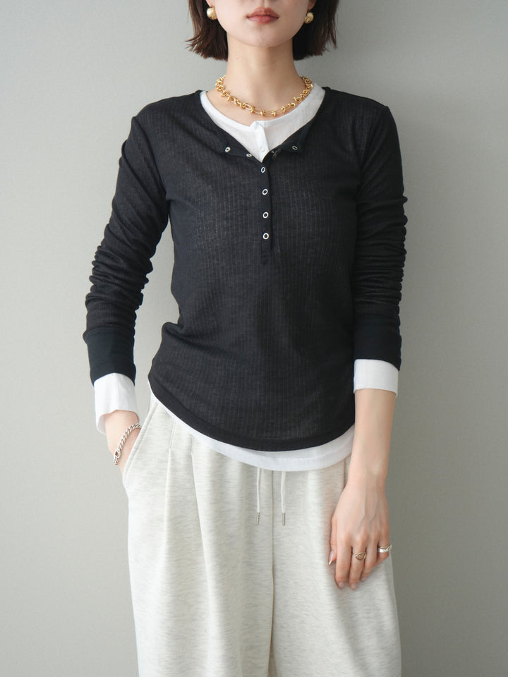 [予約]シアーリブヘンリーネックロンT/black