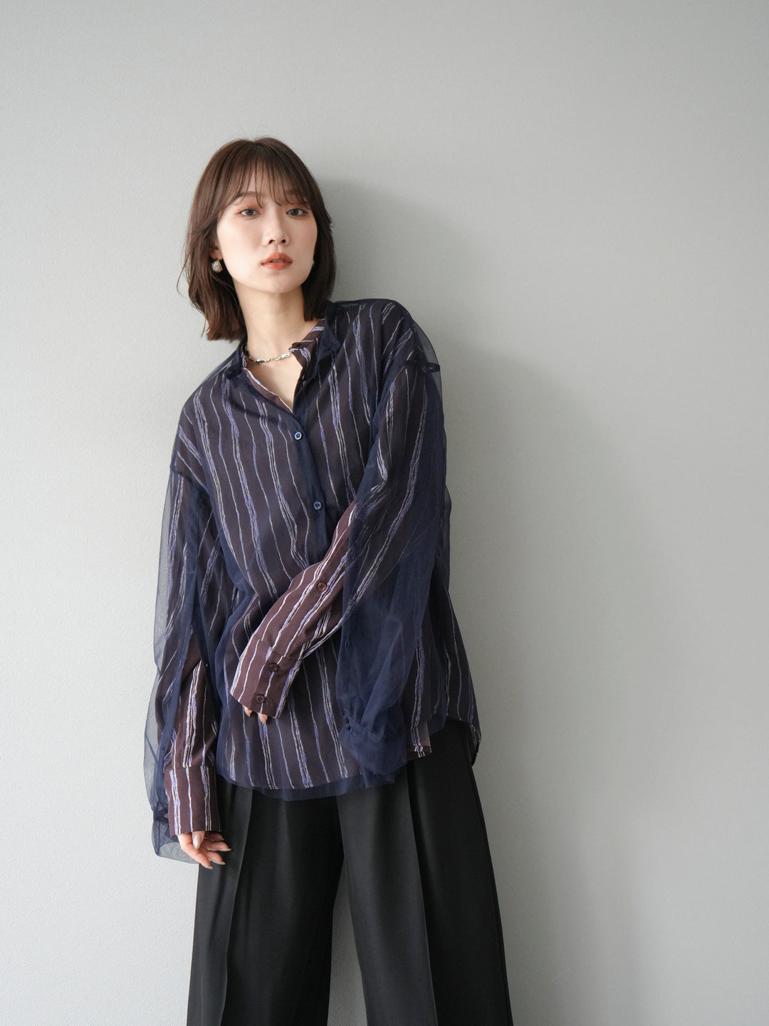 [予約]2WAYスリーブチュールシャツ/ネイビー