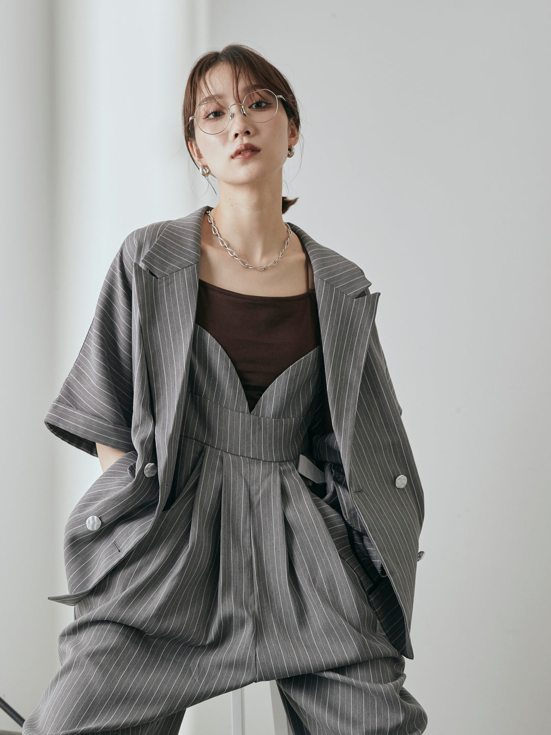 [予約]ヘリンボーンストライプサロペット/チャコール