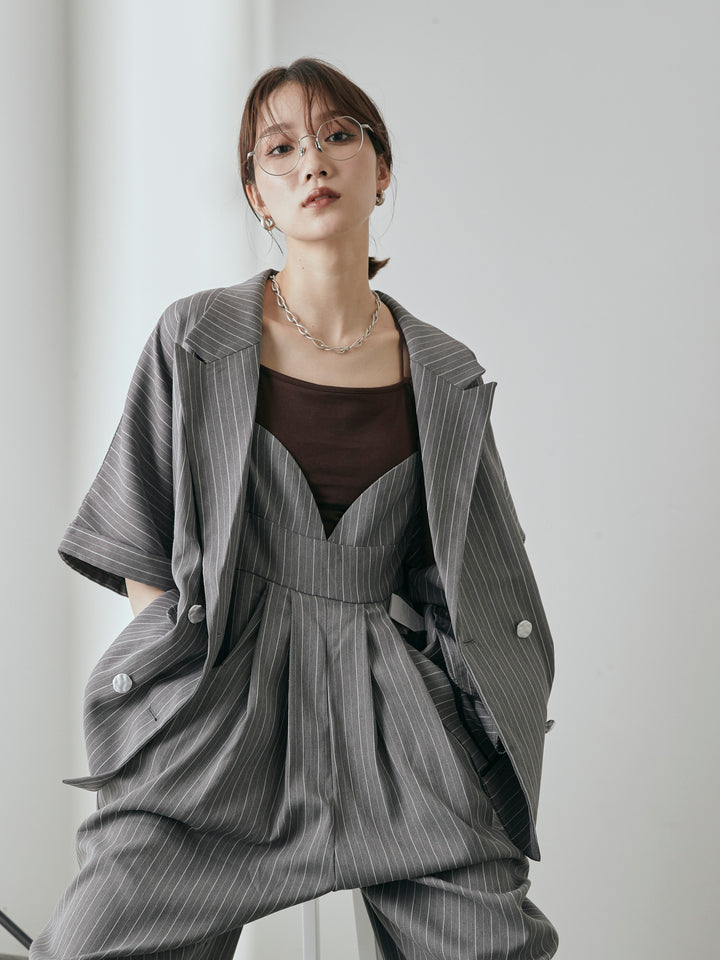 [予約]ヘリンボーンストライプサロペット/チャコール