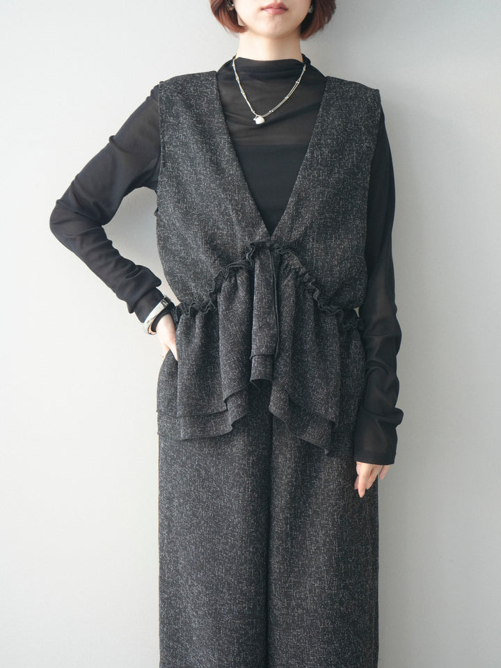 [SET]3WAYミックスツイードギャザーオールインワン+シアープチネックストレッチトップス(2set)