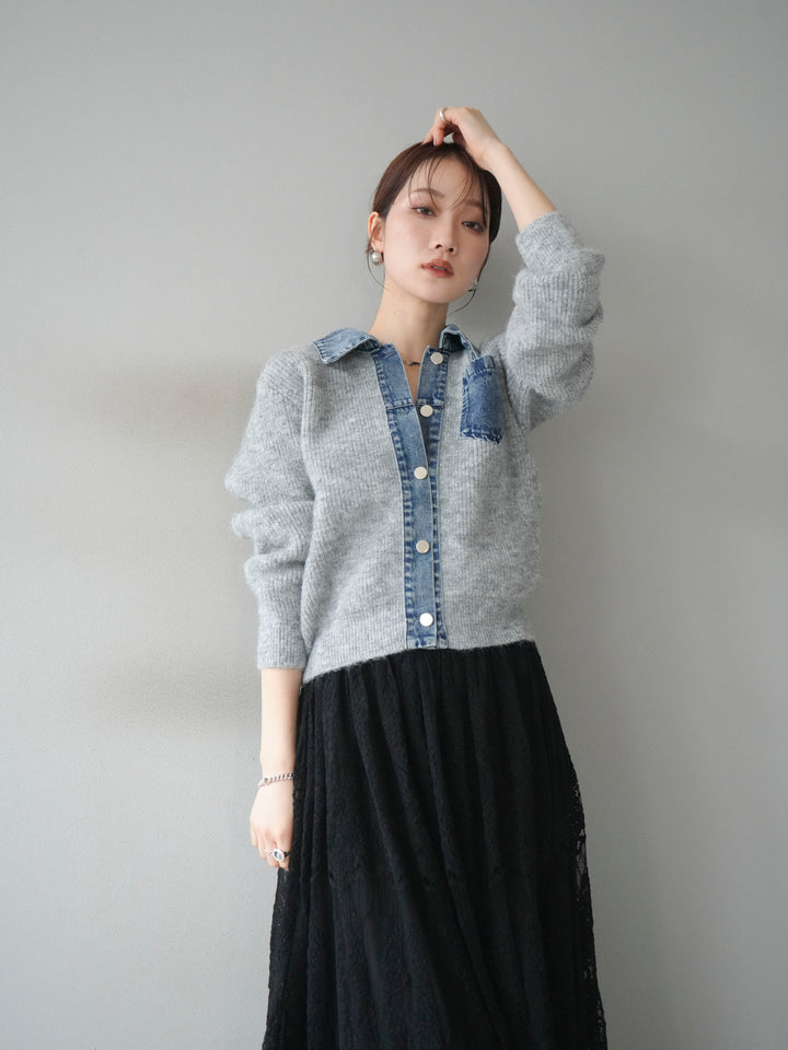 [予約]デニム襟ポケットニットカーディガン/gray