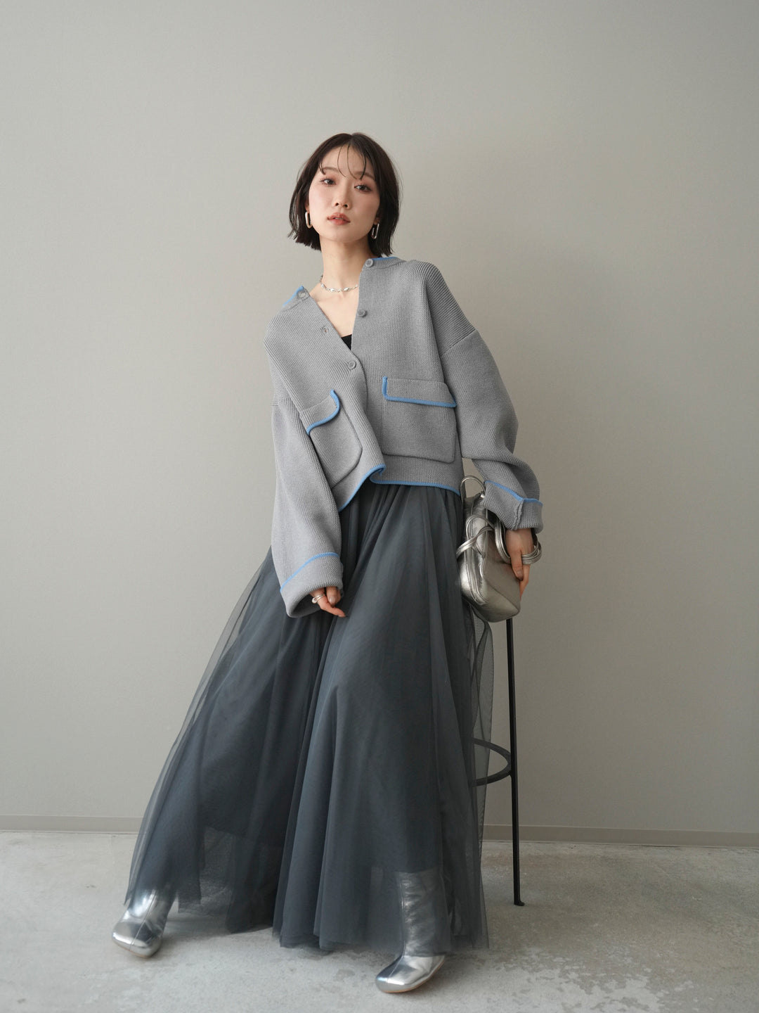 [SET]ポリエステル配色ニットカーディガン+チュールボリュームスカート(2set)