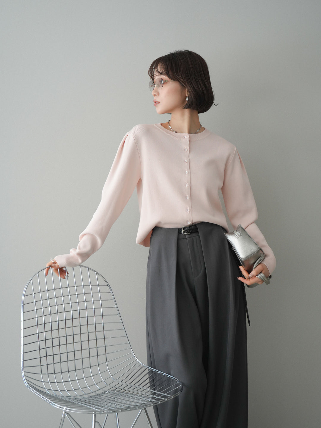 [予約]クリアボタンタックニットカーディガン/pink