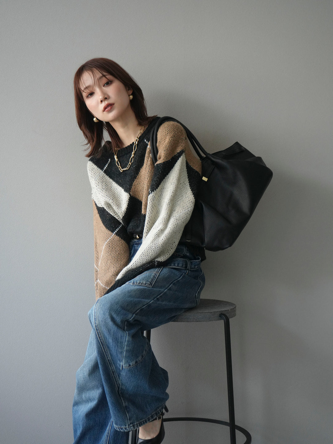 [予約]配色ステッチアーガイル柄ニットプルオーバー/black