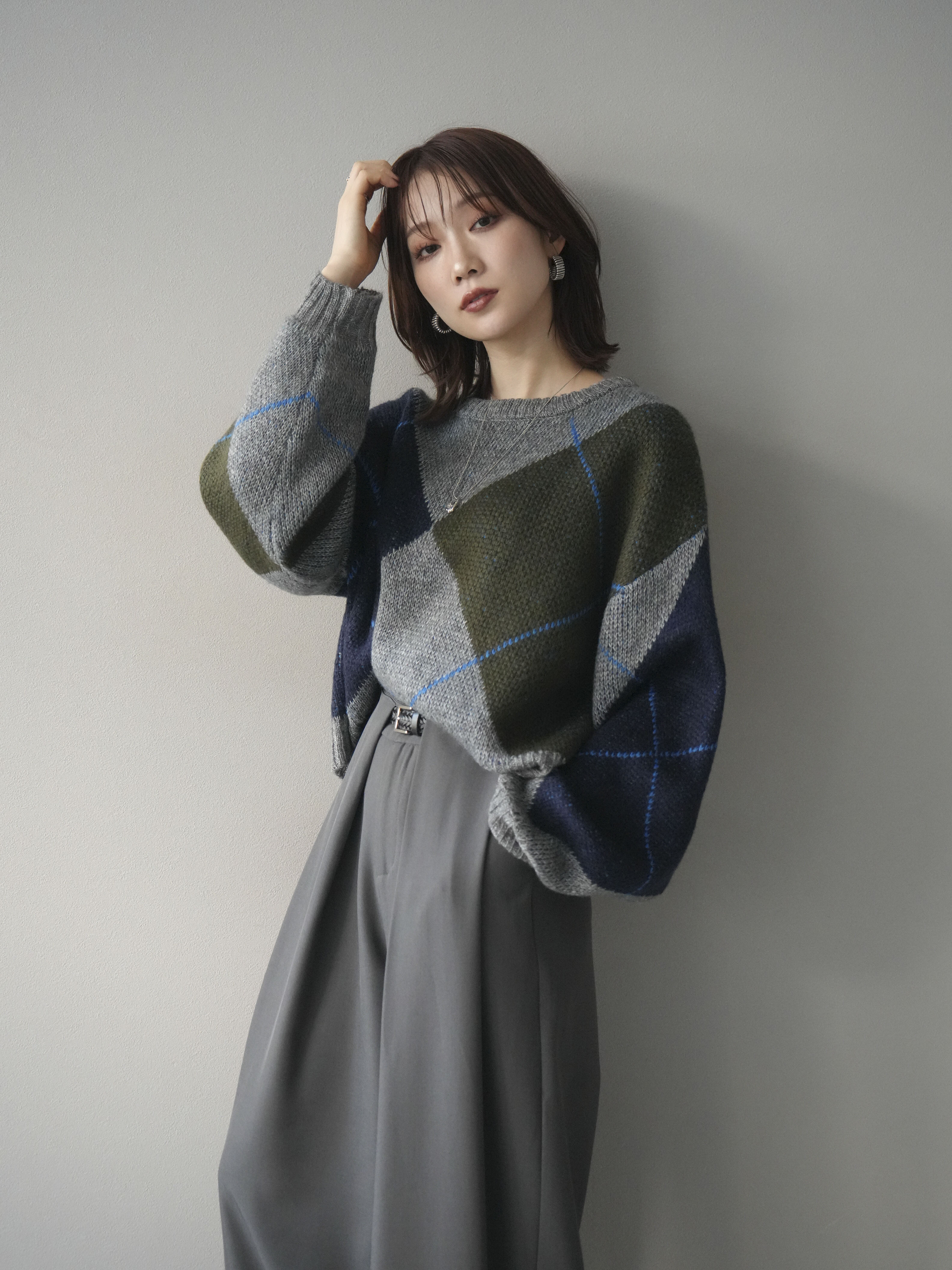 SET]配色ステッチアーガイル柄ニットプルオーバー+ベルトループ