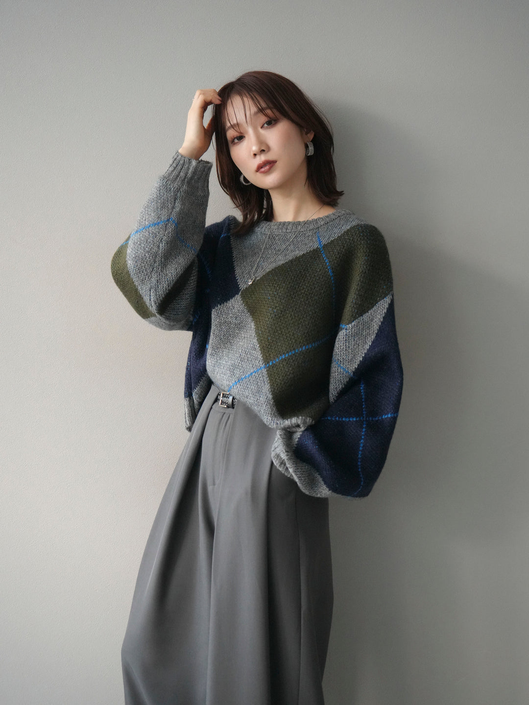 [SET]配色ステッチアーガイル柄ニットプルオーバー+ベルトループデザインワイドパンツ(2set)