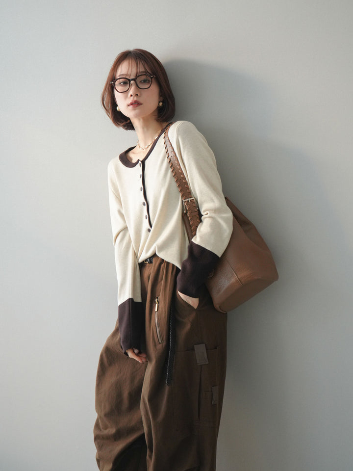 [SET]ヘンリーネック配色ニットソー+ヘンリーネック配色ニットソー(2set)