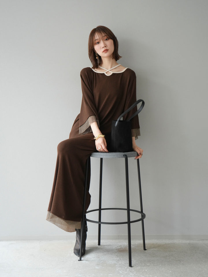 [予約]デザインネックラメシアー切替ニットワンピース/ブラウン