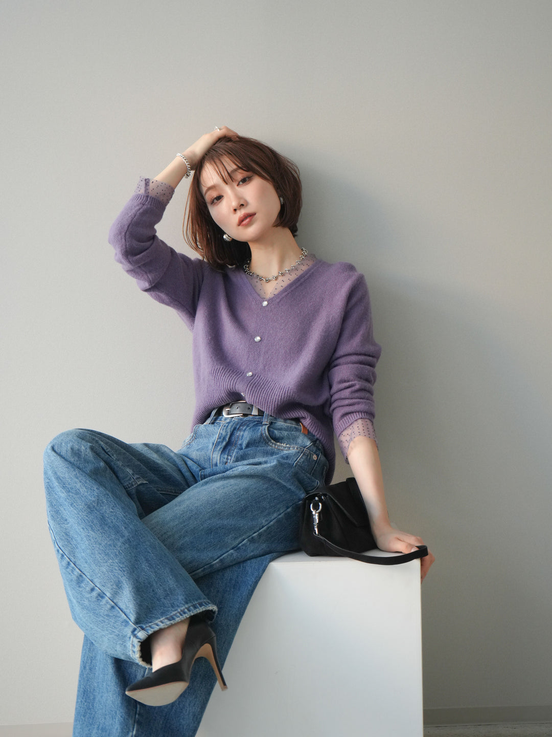 [予約]ドットチュールレイヤードボタンニットトップス/purple