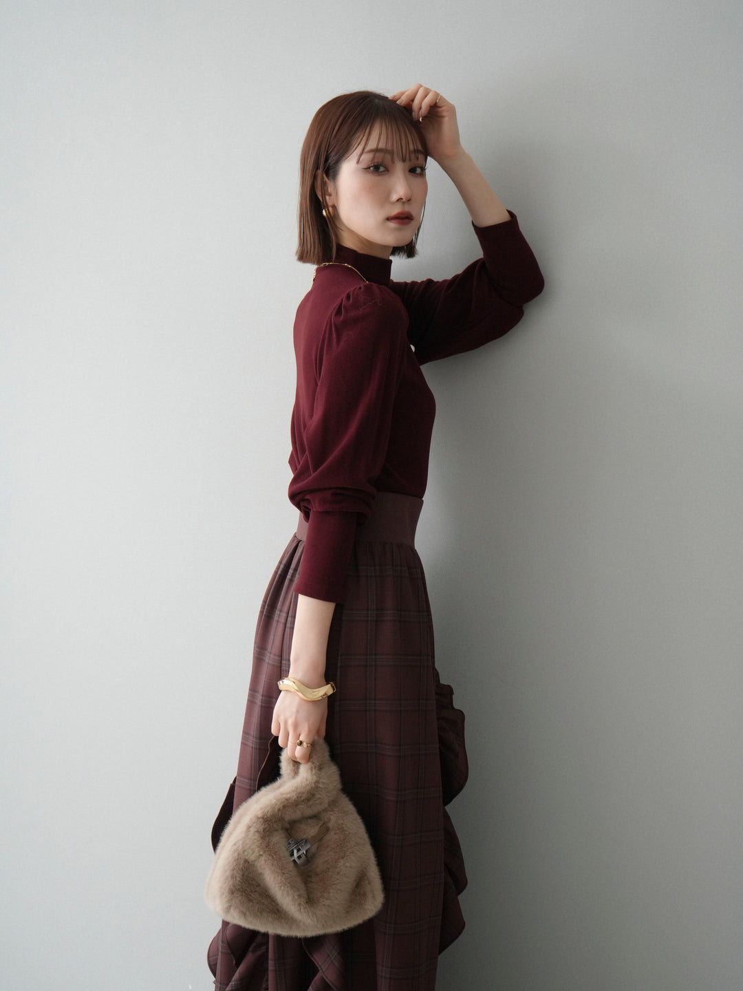 [予約]プチネックパワーショルダー起毛トップス/bordeaux