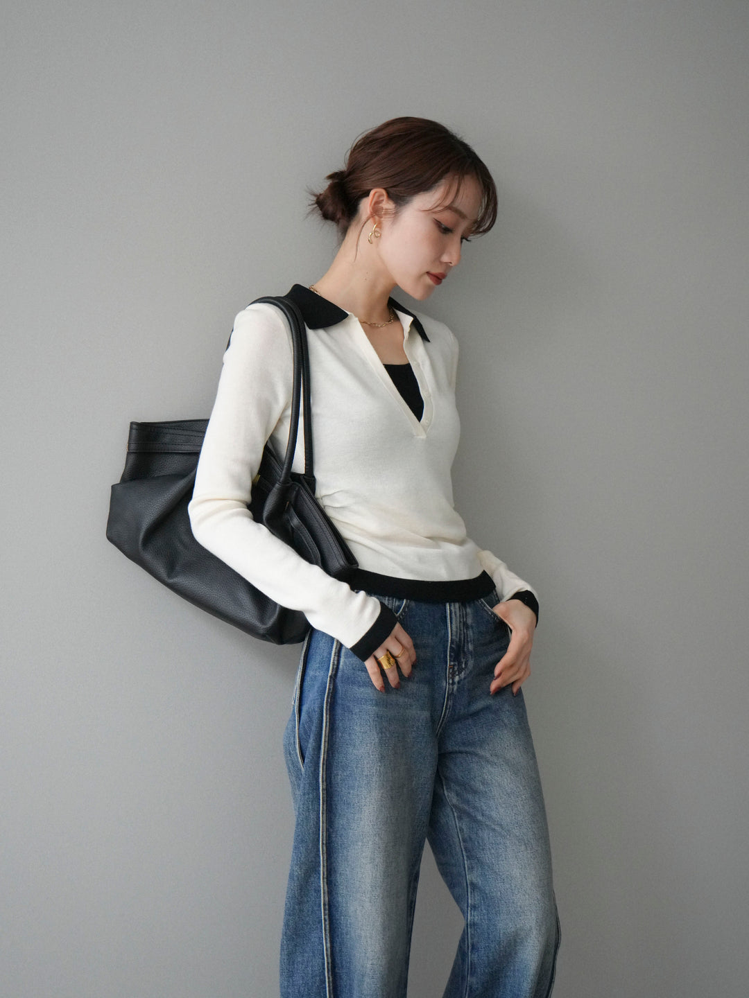 [予約]レイヤード配色ポロニットトップス/beige