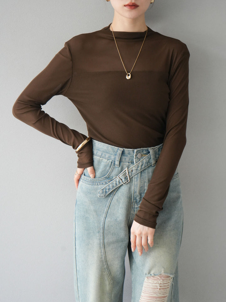 [SET]シアー切替ストレッチ長袖トップス+シアー切替ストレッチトップス(2set)