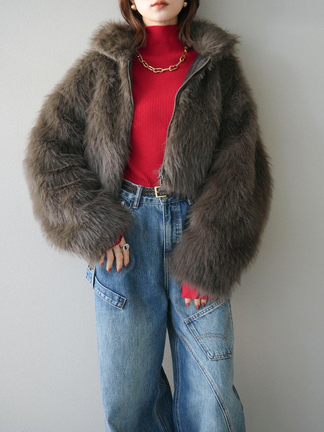 [予約]フェイクファーショートZIPジャケット/brown