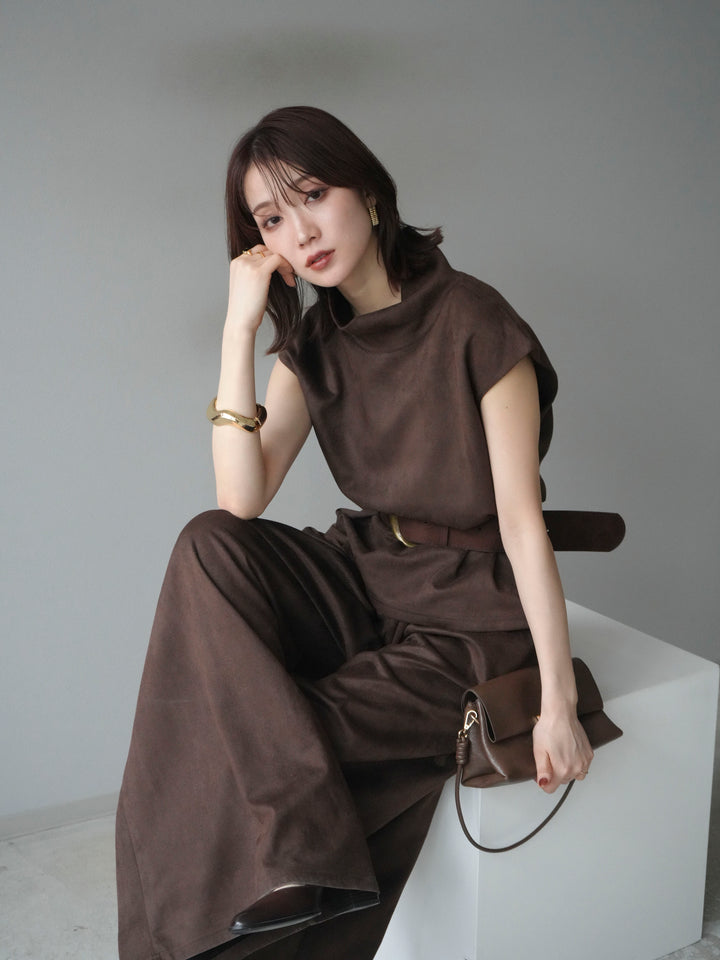 [SET]ベルト付スエードハイネックプルオーバー＆ワイドパンツSET UP