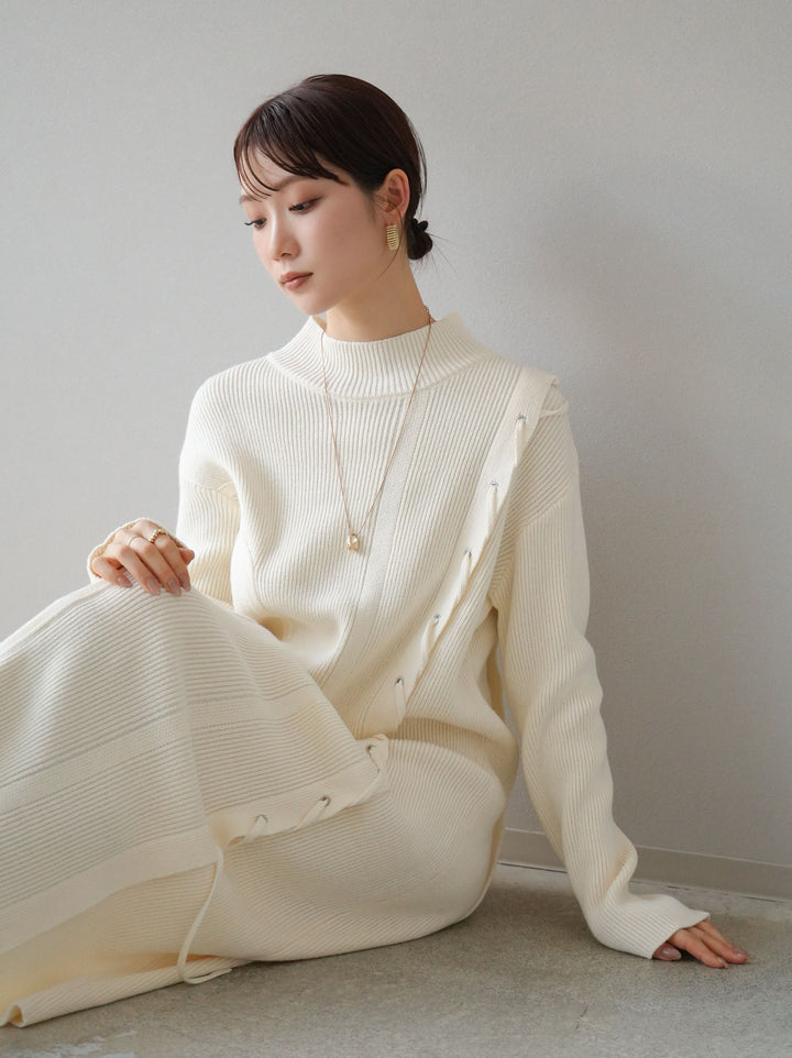 [SET] 不對稱繫帶高領針織連身裙 + 可選飾品套裝 (2套)