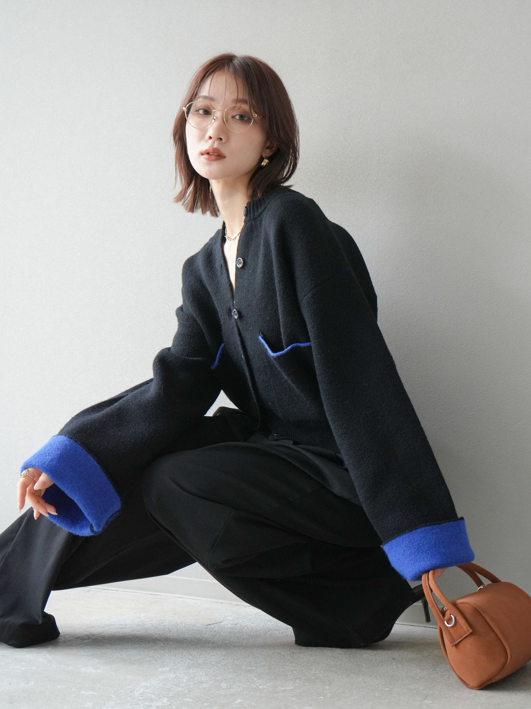 【SET】雙色針織開襟衫+褶襉設計寬褲（2套）