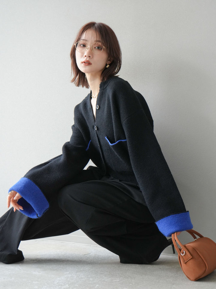 【SET】雙色針織開襟衫+褶襉設計寬褲（2套）