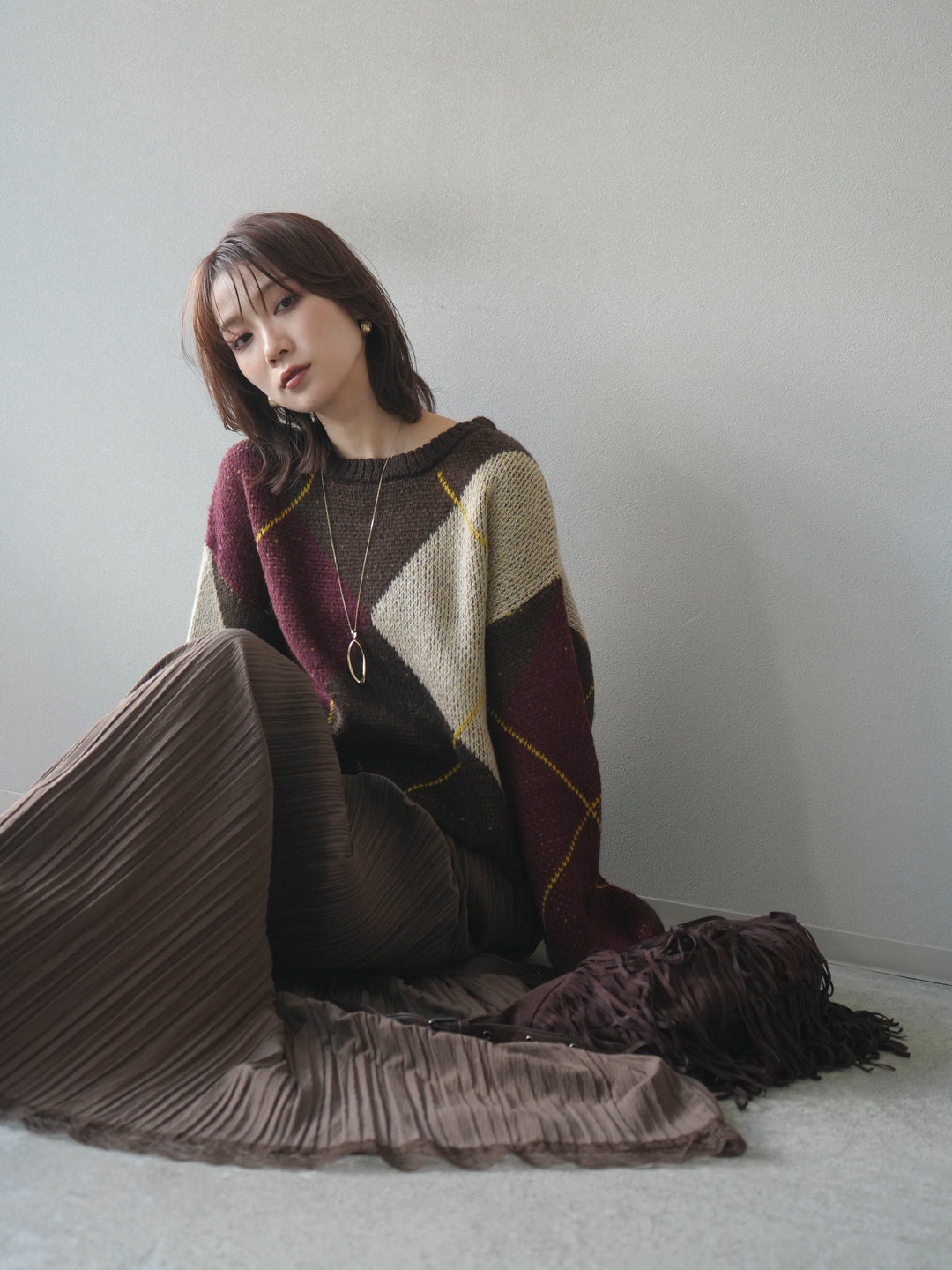 [予約]配色ステッチアーガイル柄ニットプルオーバー/brown