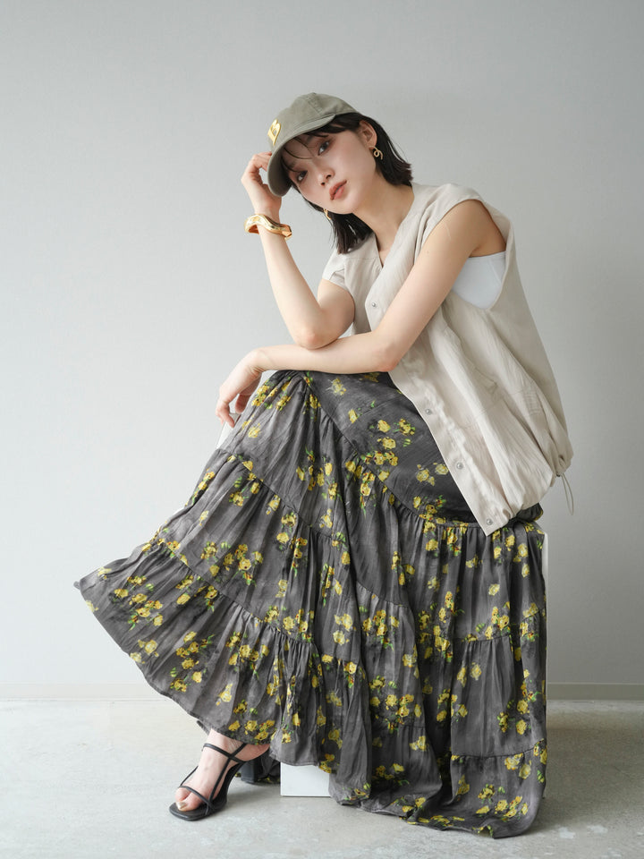 [SET]リネンライクドロストバルーンブルゾン+フラワーワッシャープリーツスカート(2set)