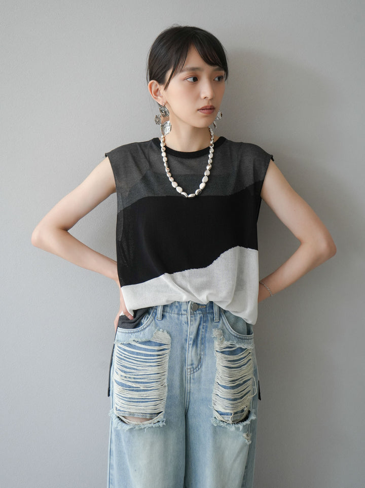 [Pre-order] Bicolor sheer knit sleeveless top/black