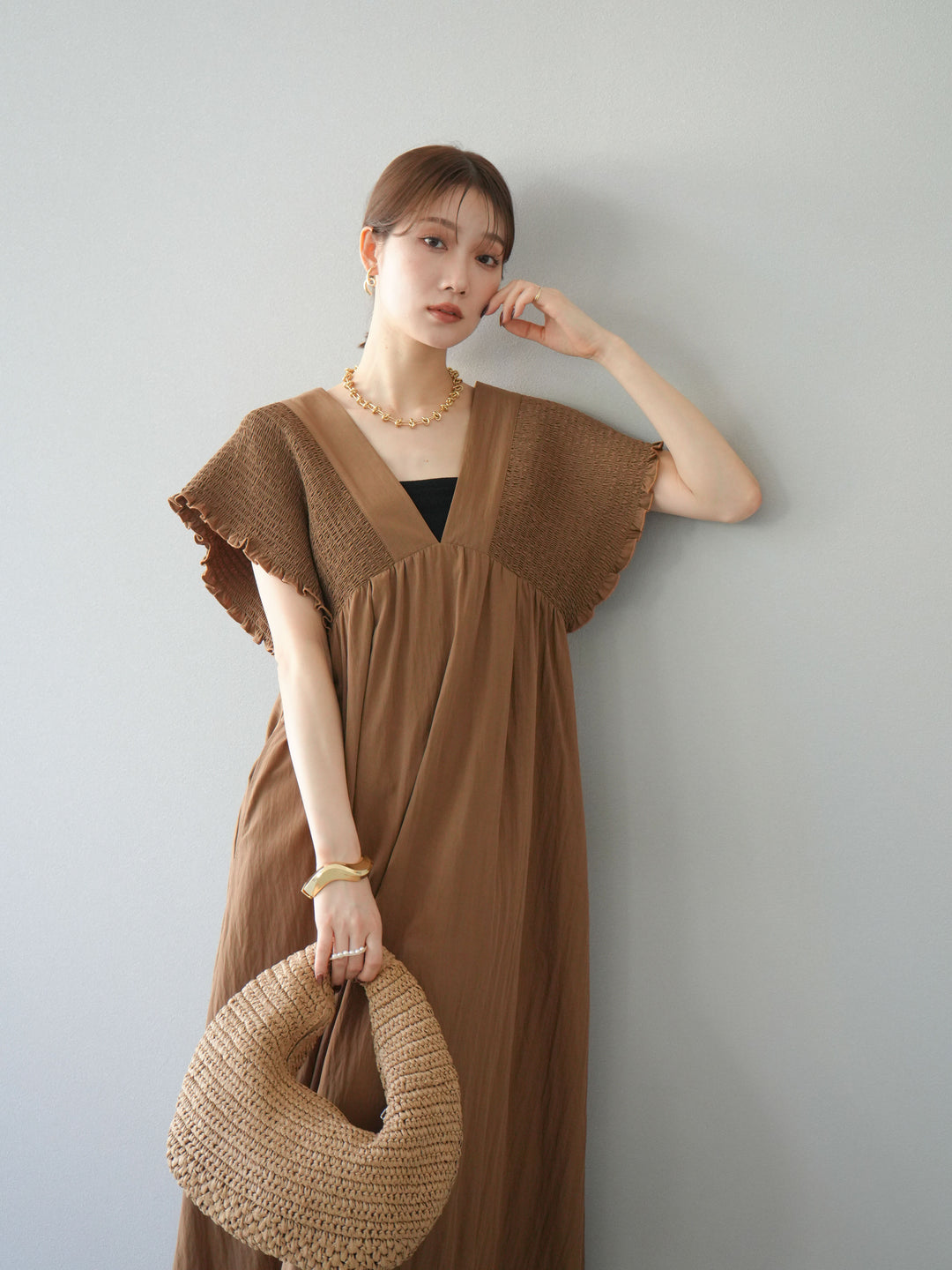 [SET] 褶皺V領連身裙 + 褶皺V領連身裙 (2件套)