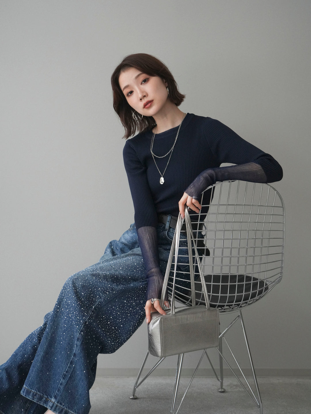 [SET]リブラメシアー切替リブニットトップス+ラインストーンカーブデニムパンツ(2set)