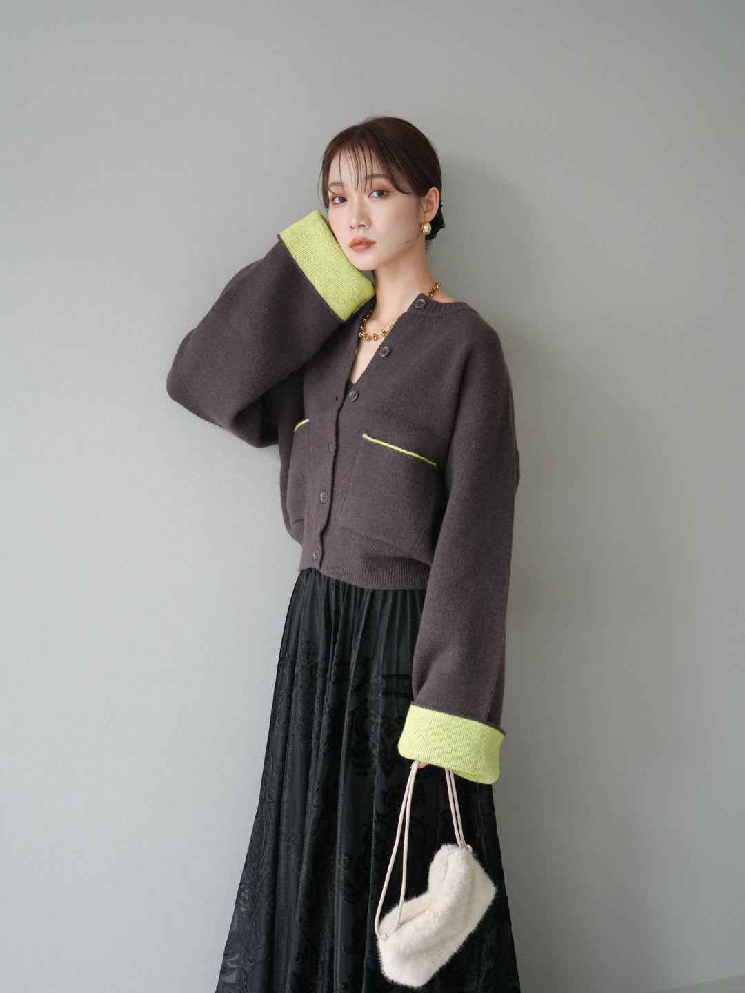 [SET]バイカラーオーバーニットカーディガン+アンティーク柄フロッキーマキシスカート(2set)