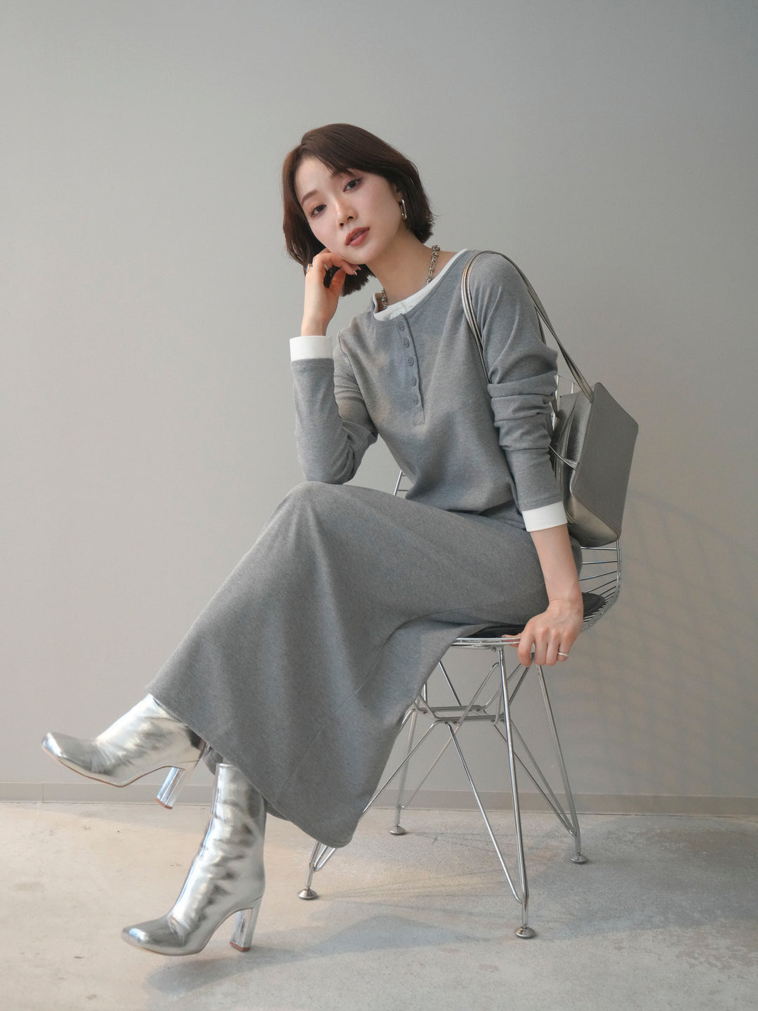 [SET]配色レイヤードヘンリーネックカットリブワンピース+配色レイヤードヘンリーネックカットリブワンピース(2set)