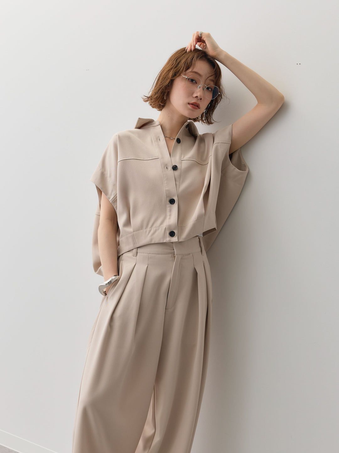 【套裝】縐綢燈籠無袖襯衫 + 縐綢闊腿褲（兩件套）