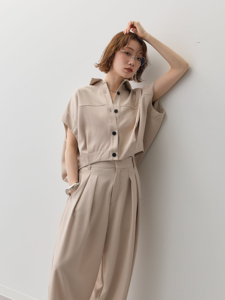 【套裝】縐綢燈籠無袖襯衫 + 縐綢闊腿褲（兩件套）