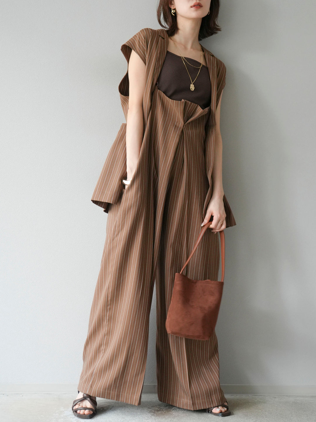 【着回しセット】[SET]ヘリンボーンストライプジレ+シアー切替ベロアトップス+ヘリンボーンストライプサロペット(3set)