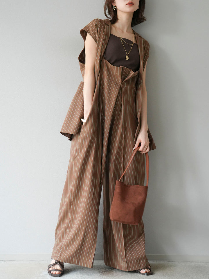 【着回しセット】[SET]ヘリンボーンストライプジレ+シアー切替ベロアトップス+ヘリンボーンストライプサロペット(3set)