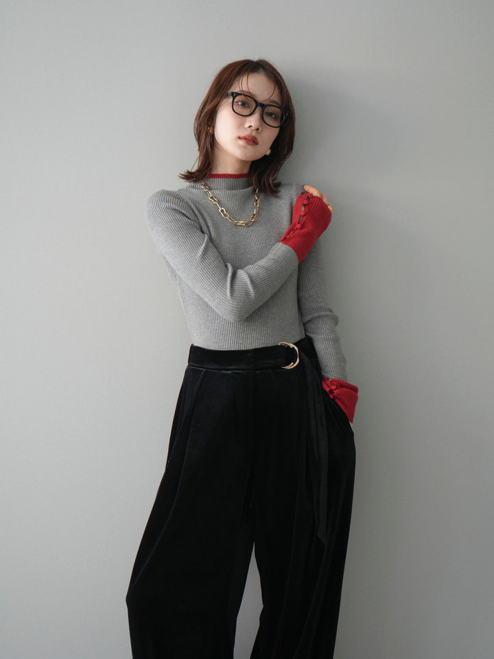 [SET]袖ボタンハイネック配色リブニットトップス+選べるアクセセット(2set)