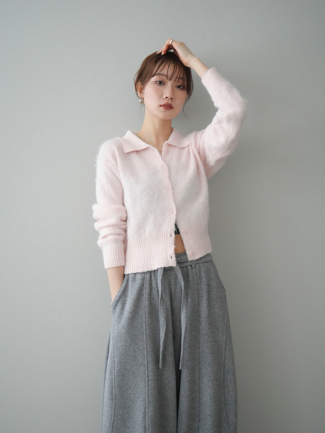 [予約]モヘア衿付きボタンプルオーバー/pink