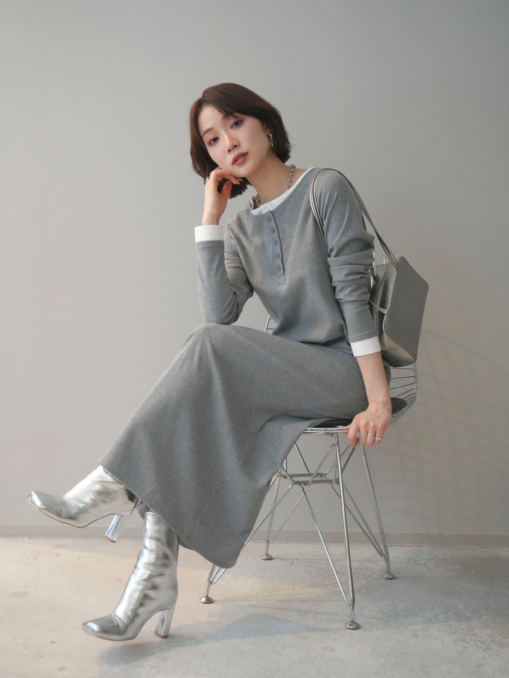 [SET]配色レイヤードヘンリーネックカットリブワンピース+選べるアクセセット(2set)