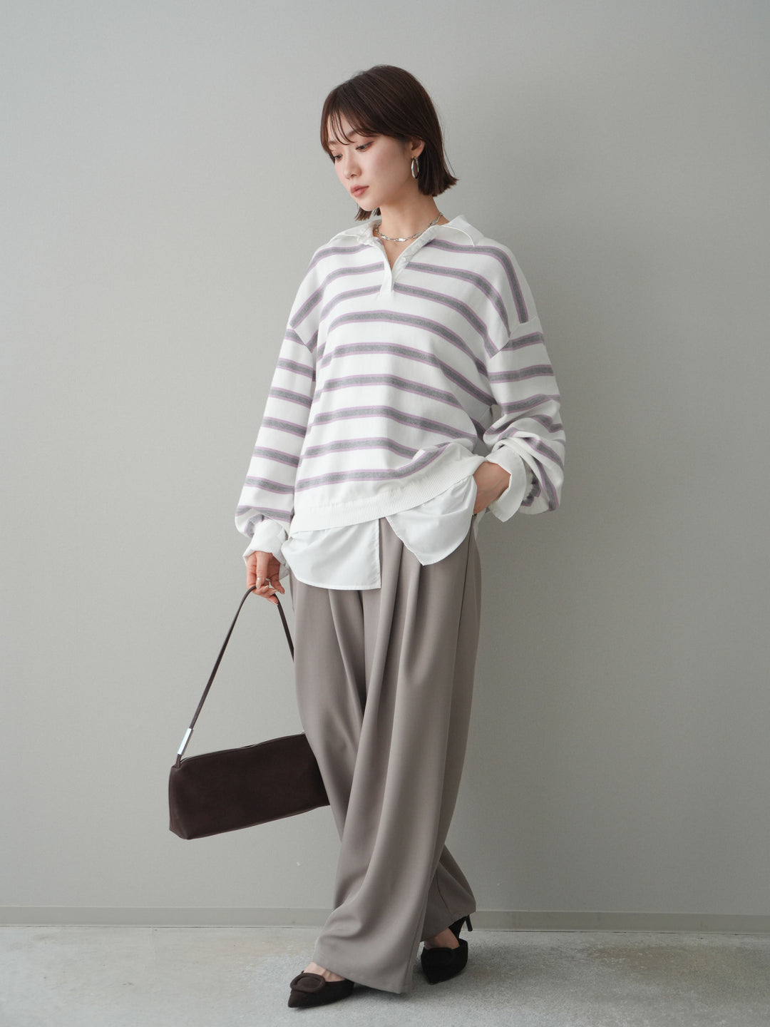 [予約]ウエストバイカラータックワイドパンツ/greige