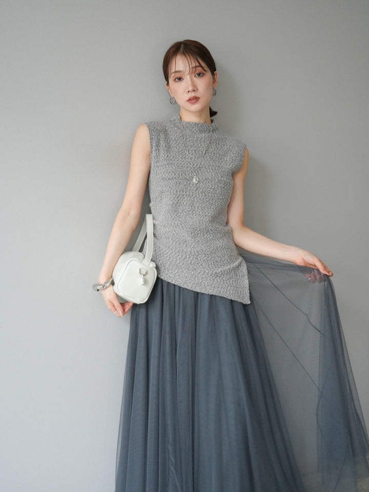 [SET]ブークレアシメニットノースリーブトップス+チュールボリュームスカート(2set)