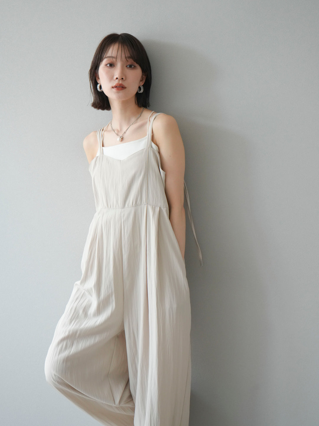 [SET]リネンライクビスチェデザインサロペット+ダブルストラップカットリブブラキャミソール(2set)