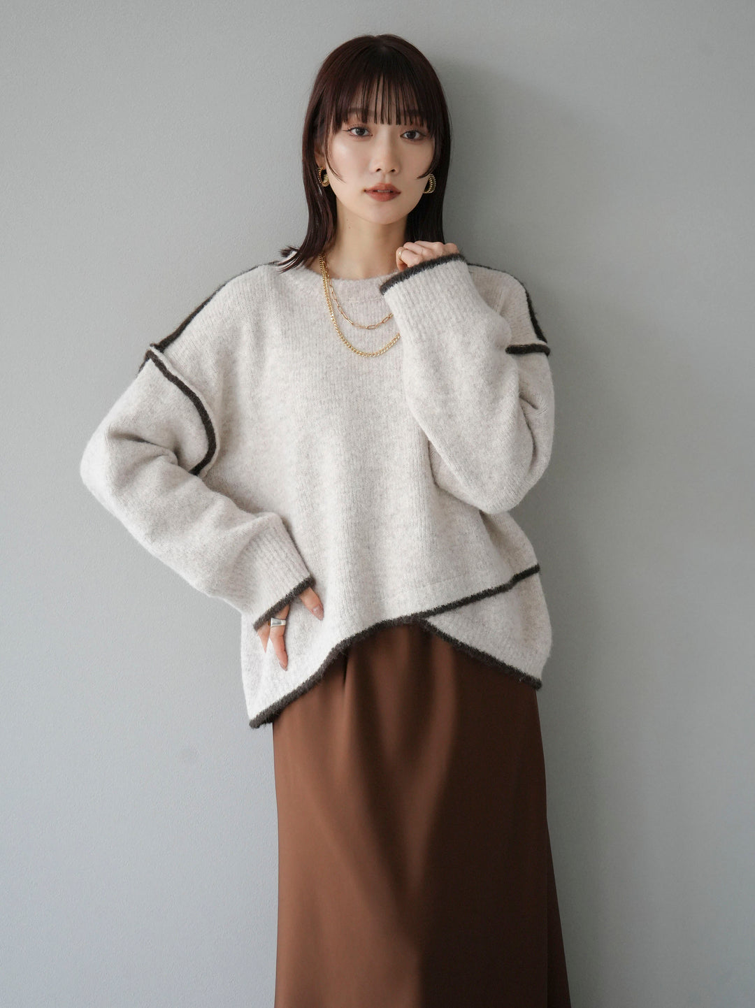 [預訂] 色彩協調針織套頭衫/象牙色