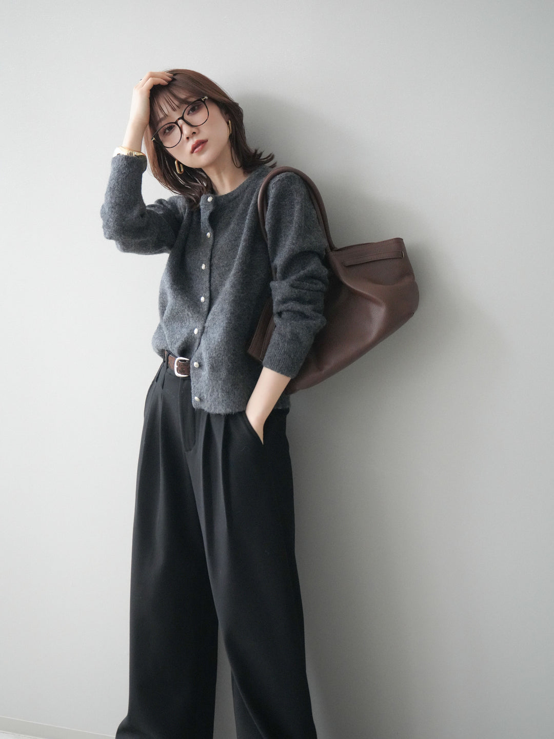 [予約]アンティークボタンニットカーディガン/charcoal