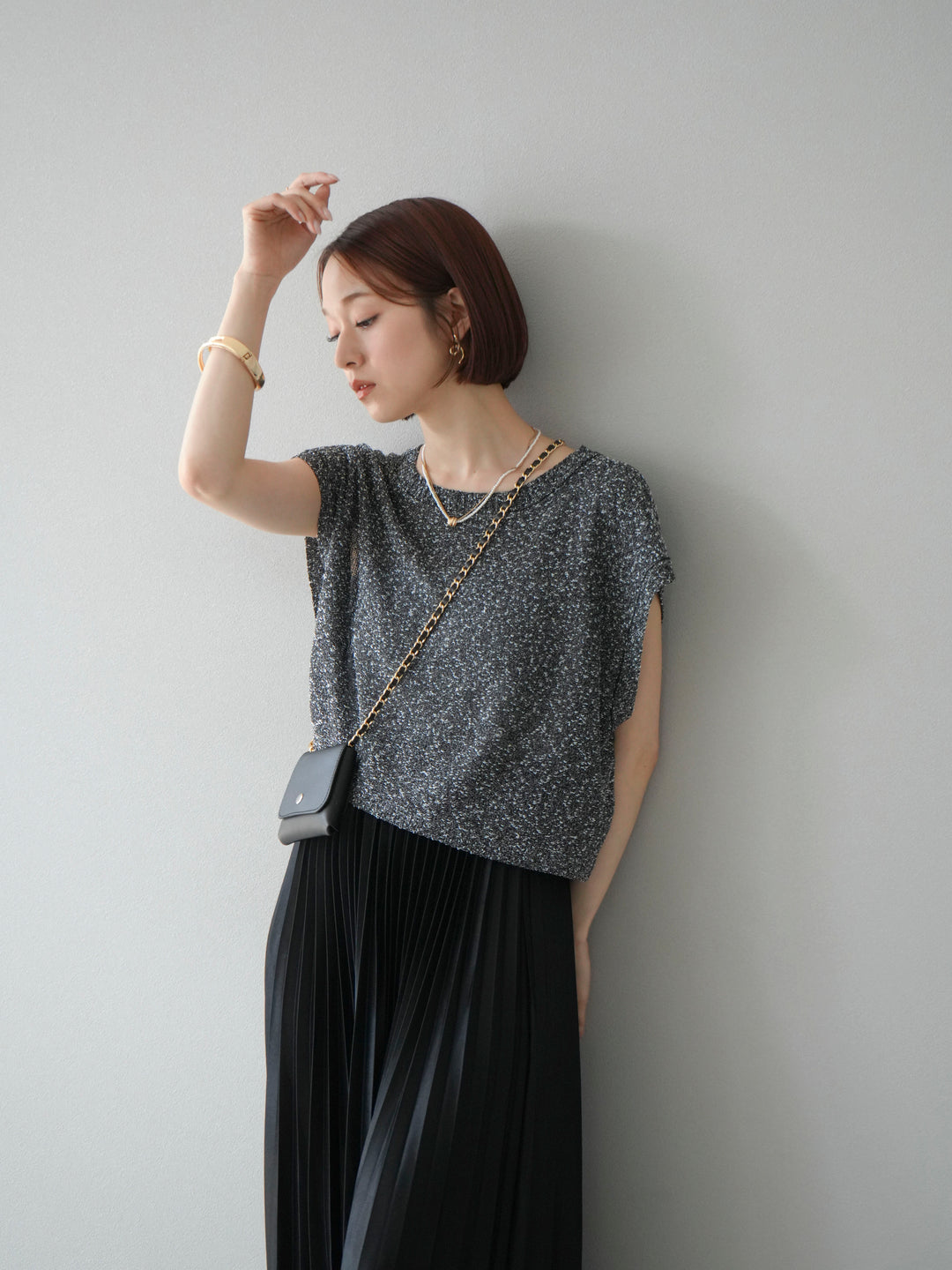 [SET]ネップヤーンクロップドニットベスト+サテンプリーツマキシスカート(2set)