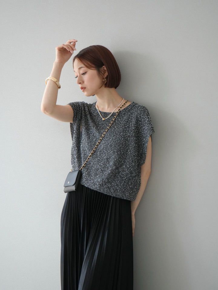 [SET]ネップヤーンクロップドニットベスト+サテンプリーツマキシスカート(2set)