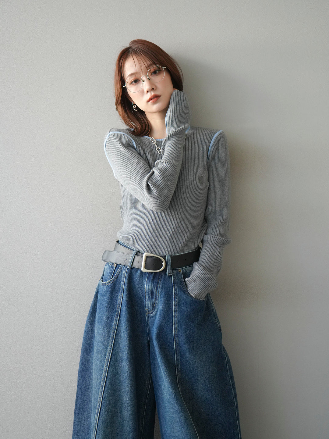 [予約]バイカラークルーネックリブニットトップス/gray