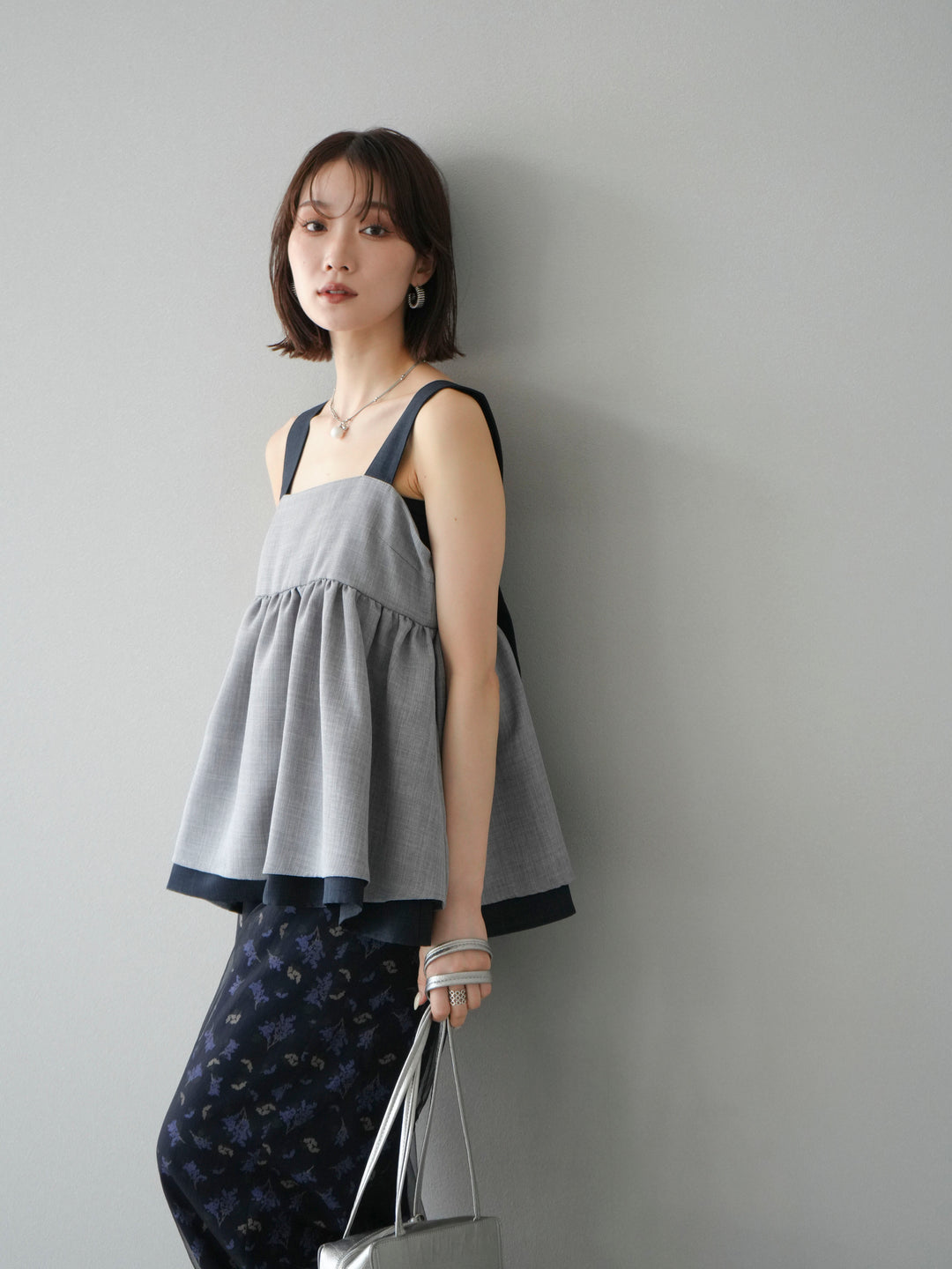 [SET]リネンライク配色フレアタンクトップ+ブーケプリントタックパンツ(2set)