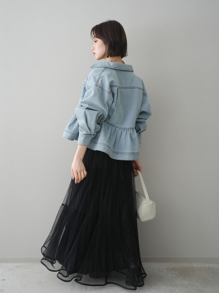 [予約]ラメプリーツレイヤードチュールロングスカート/black