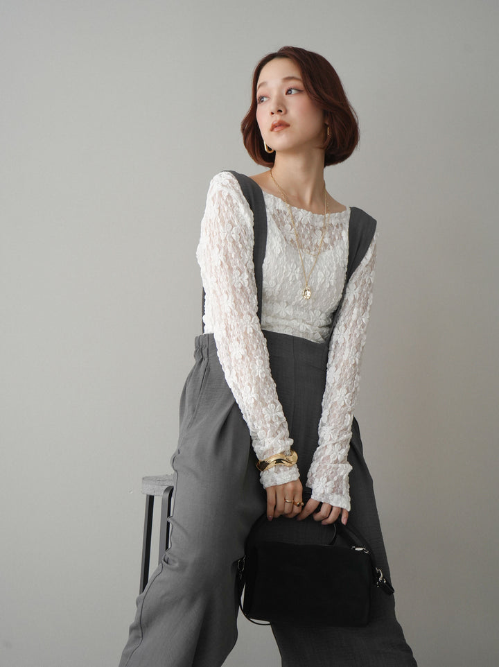 [SET]サイドギャザーレーストップス+シボ加工ハイウエストタックサロペット(2set)