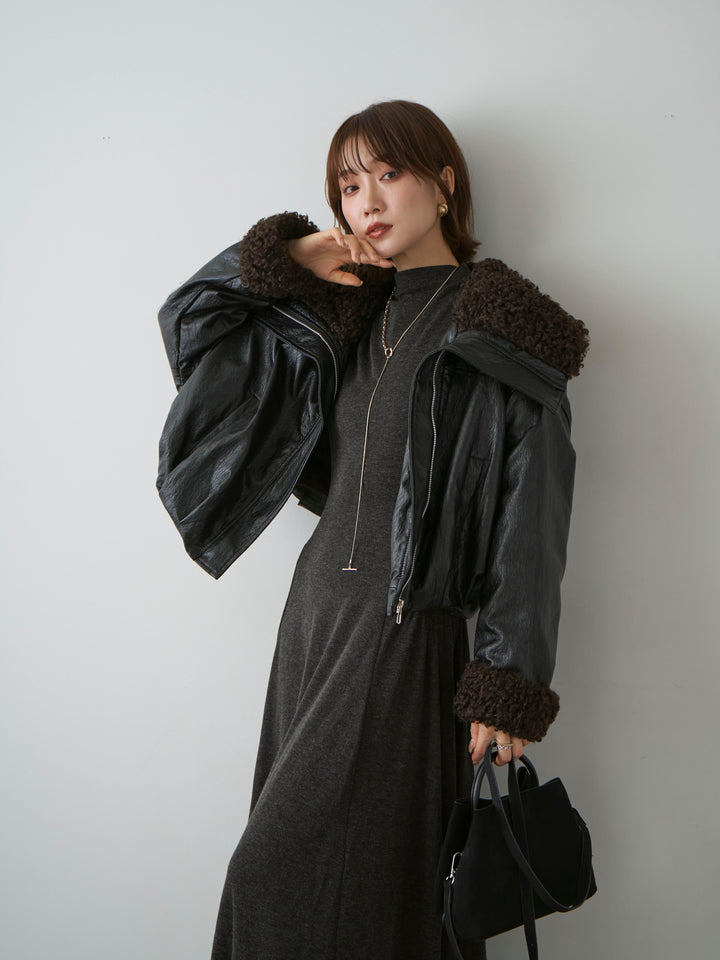 [SET]モックネックドレープニットソーワンピース+レザータッチショートファーライナーブルゾン(2set)