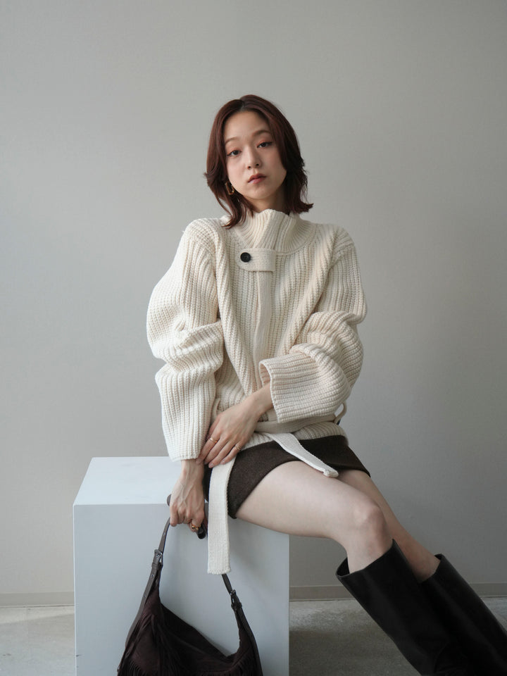 [予約]畦編みボトルネックZIPニットカーディガン/white